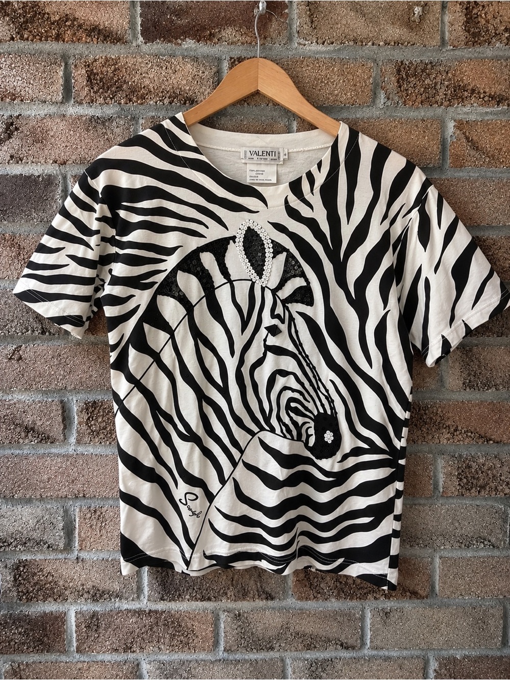 VALENTI Vintage Zebra Sequin Embellished Art-to-Wear Cotton Tee S